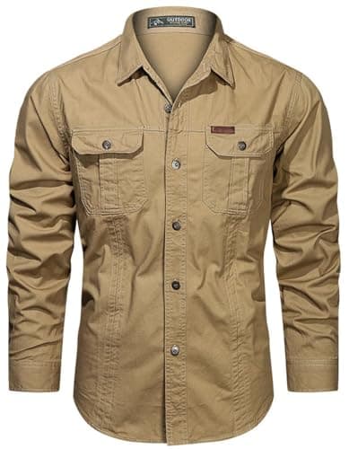 Image of PADOLA Men's Shirt Military Cargo Style Tactical Long Sleeve Shirts for Men UK Button Down Outdoor Hiking Overshirts(S,Brown)