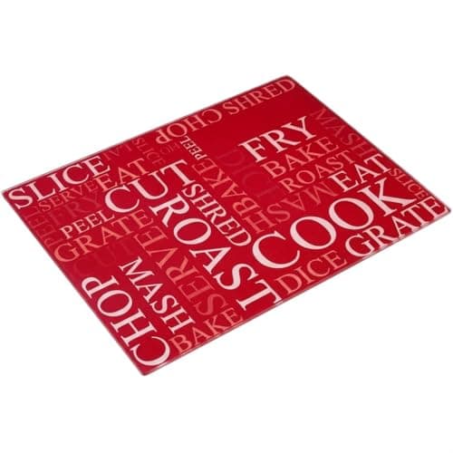 Image of Acense Tempered Glass Worktop Saver, Toughened Glass Chopping Board with Smooth Edges, Rounded Corners, Non-Slip Rubber Feet, Multi-Purpose, Stain-Resistant, 40 x 30 cm, Red with White Writing