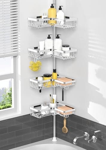 Image of KEGII Chrome Telescopic Shower Caddy Corner - Adjustable Shower Shelf 4 Tier Extendable Bathroom Caddy Stainless Steel(Bathroom Storage, No Drilling)