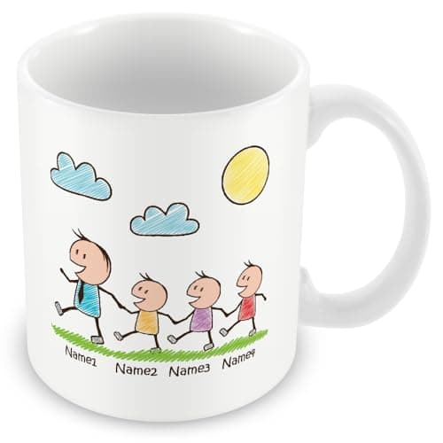 Image of MUGGZ Personalised Daddy Mug with 3 Kids – Custom Names – Cute Dad and Children Stick Figure Design Gift for Dads