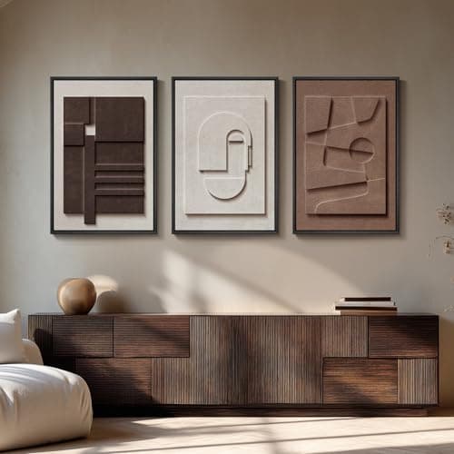 Image of Large 3D Textured Framed Neutral Abstract Wall Art, 3 Piece Modern Artwork for Walls, Minimalist White Brown Geometric Wall Paintings for Living Room, Dining Room, Lounge, Bedroom Wall Decor 20x30 In