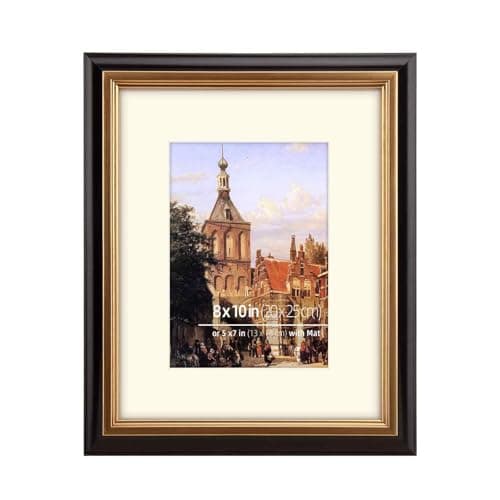 Image of Eitida 8x10 in (20x25 cm) Black and Inner Gold Border 2 Tone Vintage Gallery Picture Frame, Solid Wood Profile, Mat Mount for 5x7 in (13x18 cm) photo, art or drawing, Real Glass Cover