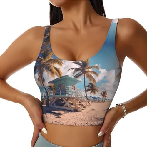 Image of YYHHAOFA Miami Beach, Florida Prints Women's Sports Vest for Yoga Workout Fitness, Girls Comfy Stretch Soft, Black, S