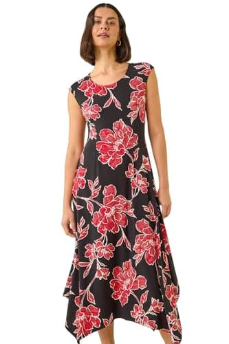 Image of Roman Hanky Hem Swing Dress with Pockets for Women UK Ladies Asymmetric Hemline Stretch Jersey 3/4 Sleeve Winter Smart Casual Work Office Knee Length Tunics - Floral Black - Size 20
