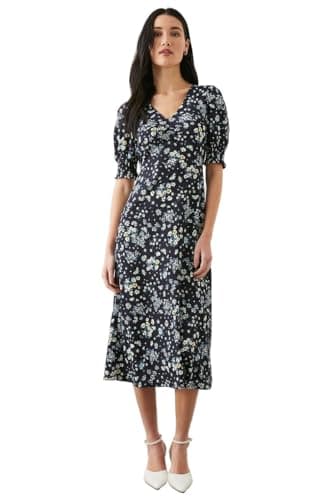 Image of Dorothy Perkins Petite Navy Ditsy Shirred Cuff Jersey Midi Dress, 14, Blue