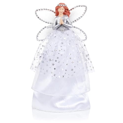Image of Premier Decorations Angel With Wings Christmas Tree Topper 28cm Festive Xmas Decoration Silver and White With Stars