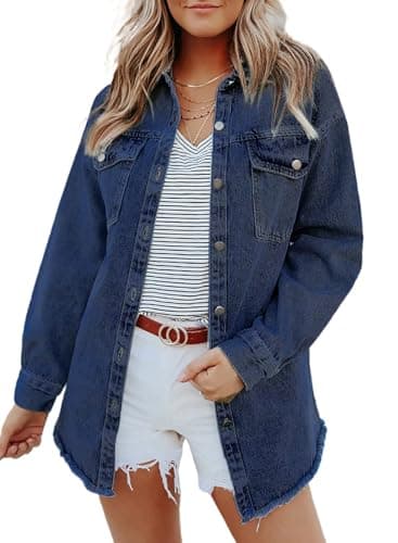 Image of Dokotoo Denim Jackets for Women Long Sleeve Shirts Button Down Women's Coats Distressed Boyfriend Ladies Jeansjacke Single-Breasted Oversized Womens Shacket Jean Jacket Blue M
