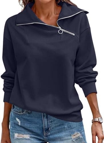 Image of Cuptacc Women's Sweatshirts V Neck Long Sleeve Tunic Tops Casual Solid Color Half Zip Sweatshirt Women Autumn Navy Blue, Medium M 12-14
