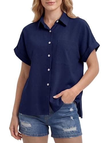 Image of Enmain Womens Short Sleeve Linen Blouse Shirts Button Up Fitted Lightwight Casual Summer Beach Tops Shirt for Ladies with Pocket Navy Blue M