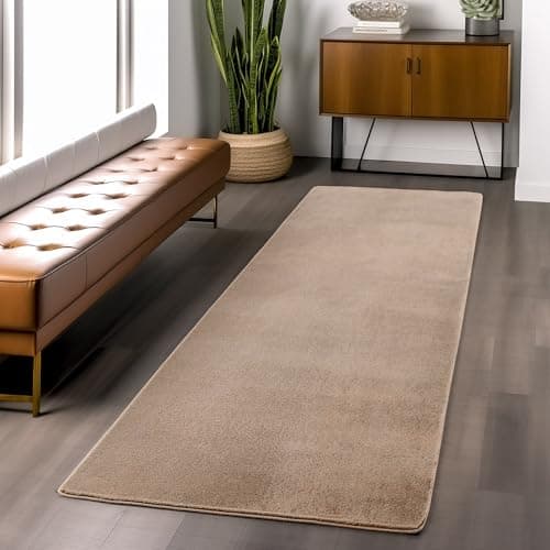 Image of Snuggly Plain Living Room Area Rug Super Soft Polyester Rug Cut Pile Anti-Slip Backing Machine Washable Modern Rug for Living Room Bedroom Hallway 9 Colours- Beige- 60 x 200 cm (Runner)