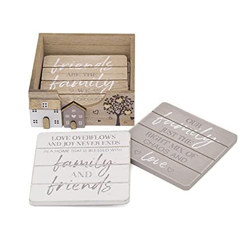 Image of Set Of 4 Shabby Chic House Design Wooden Coasters | Family Friends Quotes Coasters With Holder Cup Mug Table Mats | Wood Drinks Coaster Set
