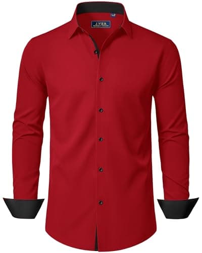 Image of J.VER Shirts for Men Adult Dress Slim Fit Long Sleeve Stretch Non Iron Business Casual Wedding Fashion Red Shirt XL