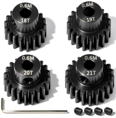 Image of 4Pcs 0.6M Hardened Steel Pinion Gear Set 3.175mm 18T 19T 20T 21T Motor Pinion Gear with M4 Screw and Hex Key, Fit 3.175mm (1/8-Inch) Shaft, for Arrma HPI Kyosho Losi Axial Traxxas Tamiya 1/10 RC Car