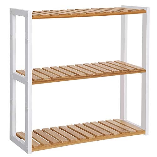 Image of SONGMICS Bamboo Bathroom Shelf, 3-Tier Adjustable Plants Rack, Wall-Mounted or Stand, in the Living Room, Balcony, Kitchen, Natural and White BCB13WN