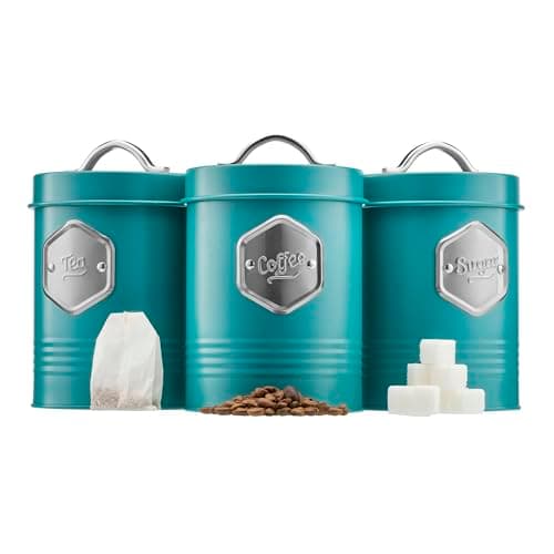 Image of Cooks Professional 3 Piece Tea Coffee Sugar Cannister Set | Labelled Storage Tins | Containers with Airtight Lids | Canisters for Kitchen Accessories & Essentials | Teal & Silver