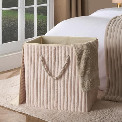 Image of OHS Collapsible Laundry Basket with Lid Ribbed Faux Fur Folding Freestanding Laundry Bag with Rope Handles Washing Baskets for Laundries Clothes Hamper Storage, Cream - 45 x 49 x 31cm