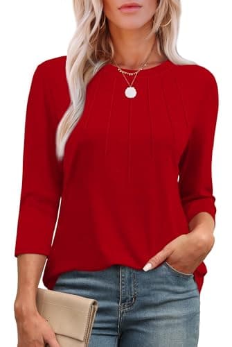 Image of Aokosor Womens 3/4 Sleeve Tops Ladies Blouses Crew Neck Pleated Shirts Fashion Dressy Tunic Blouses Size 22-24 Red