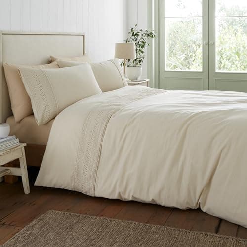 Image of Catherine Lansfield Broderie Anglaise Single Duvet Cover Set with Pillowcase Cream
