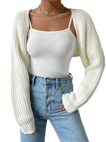 Image of LYSINK Womens Cropped Knitted Shrugs Cardigan Long Sleeve Open Front Bolero Sweater Casual Vacation Outwear (White, S)