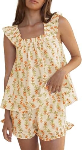 Image of Yoisdtxc Womens Floral Print Pajama Sets Ruffle Trim Cami and Casual Shorts 2 Piece Lounge Set PJ (B Orange, M)
