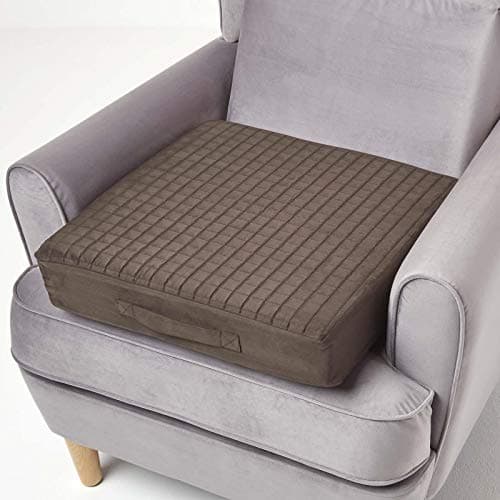 Image of HOMESCAPES Brown Quilted Armchair Booster Cushion with Removable Cover 50 cm Square 10cm Deep Firm Orthopaedic Foam Cushion Seat Pad with Soft Faux Suede Washable Cover