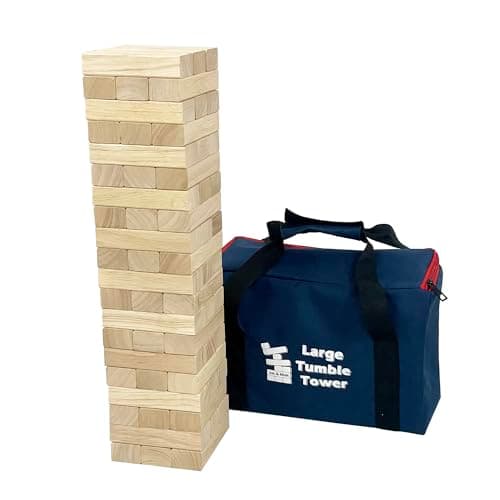 Image of Jac & Mok Tumble Tower Wooden Toppling Blocks Game set,Large Table Top Stacking Games with Carrying Bag (60 pcs Large Tumble Tower, Hardwook Rubber wood)