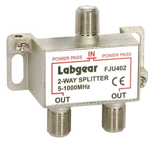 Image of Labgear 2 Way UHF TV Aerial Splitter – Signal Distributor, Power Pass All Ports, 75 Ohm F Type Connector, Freeview and Digital TV, Zinc Die Cast, 5-1000MHz