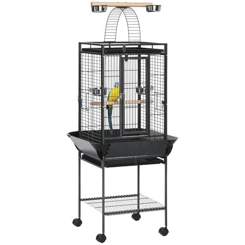 Image of PawHut 156cm Bird Cage,Large Parrot Cage with Open Play Top, Perch, Seed Guard, Wheels, Storage Shelf for Budgie, Cockatiel, Conure, Lovebird, Dark Grey