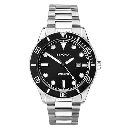 Image of Sekonda Dive Oceans Men's 43mm Quartz Watch with Date Analogue Display and Stainless Steel Bracelet, Black/Silver, Bracelet