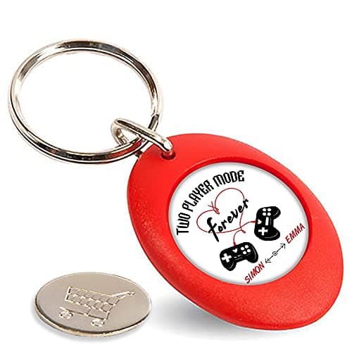 Image of Getagift Personalised Any Name Heart Controller Forever Two-Player Valentine Mode Gift for Gamer Geek Couple Video Gamers, Round Shape Photo Insert Keyring with Trolley Coin. (Red)
