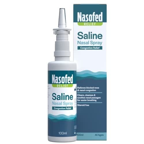 Image of Nasofed Saline Nasal Spray. Isotonic Saline Solution. Effective and Gentle Relief from Nasal Congestion Caused by colds, sinusitis, hayfever and Allergies. 1 x 100 ml