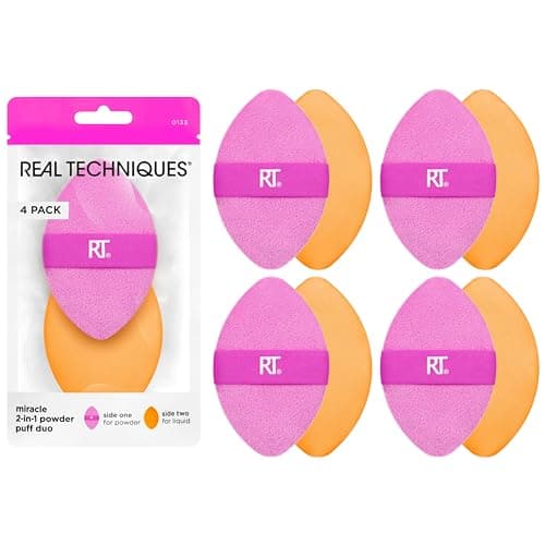 Image of Real Techniques 4 Pack Miracle 2-in-1 Puffs, Dual-Sided Blending Sponge with Reversible Band for Liquid, Cream or Powder Makeup