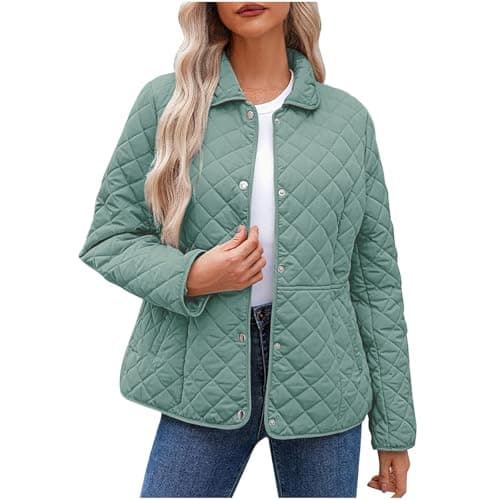 Image of Winter Jackets for Women UK Warm Lightweight Jacket Lapel Collar Quilted Puffer Jacket Outwear Button Down Padded Jacket Cardigan Sweatshirt Casual Hooded Jacket for Ladies Walking Hiking Travel