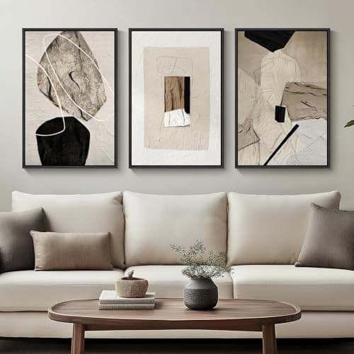 Image of Framed Neutral Abstract Wall Art, Set of 3 Modern Canvas Prints Paintings Artwork for Walls, Minimalist Black and Beige Pictures for Living Room Hallway Stair Bedroom Office Wall Decor 16x24 Inch