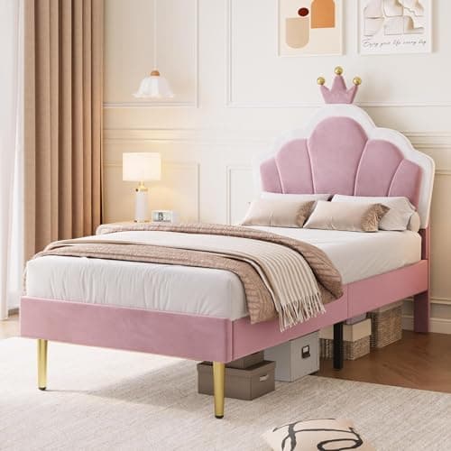 Image of Aptliton Single Bed Frame, Soft Velvet Upholstered Bed, 3ft Shell Shape Bed with Removable Crown, Adjustable Headboard, Golden Iron Legs, Wooden Slatted Frame, 90 * 190cm, Pink