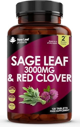 Image of Sage Leaf & Red Clover Tablets for Menopause - 3000mg High Strength Perimenopause Supplements with Sage Leaf and Red Clover Menopause Supplements - Vegan 120 Tablets Made in UK By New Leaf