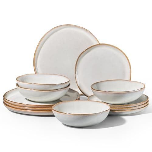 Image of Homikit 12-Piece Dinner Set, Reactive Glaze Stoneware Dinnerware for 4 People, Irregular Shape Plates and Bowls, Non-Toxic & Scratch Resistant, Microwave and Dishwasher Safe - Cappuccino White