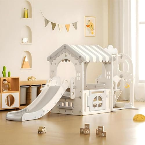 Image of Warmiehomy 7-in-1 Kids Playhouse with Slide & Swing, Indoor Toddler Slide Garden Toys, Slides for Kids 1-5Climber Playset with Building Block Table, Basketball Hoop & 60PCS Blocks, Beige Grey