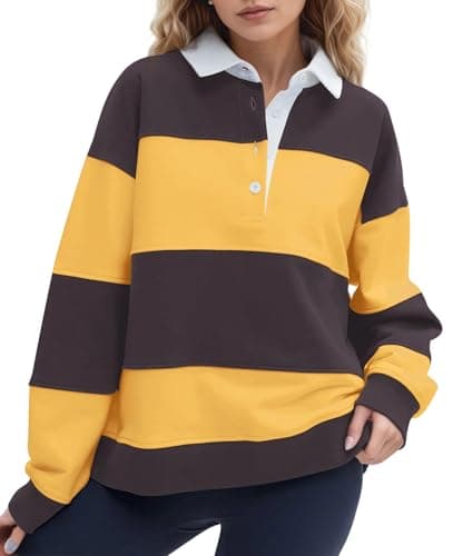 Image of HOCANDY Rugby Shirt Women Long Sleeve Striped Oversized Henley Sweatshirt, Yellow, L