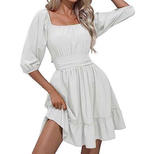 Image of Foweknow Pirate Costume Women's Swing Ruffle Dress with Long Puff Sleeves Skater Dress Plain A-line Knee-Length Cocktail Dress Short Summer Dress Elegant Medieval Clothing Blouse Dress, White, L