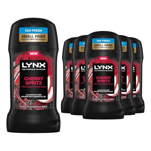 Image of Lynx Fine Fragrance Collection Stick Deodorant for Men Cherry Spritz, Pack of 6, 72 Hours Odour Protection Aluminium-Free Premium Deodorant Stick Infused with Essential Oils, 50 ml