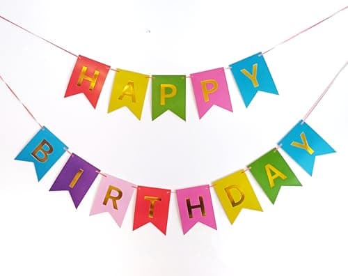 Image of Quirki Happy Birthday Banner Bunting Rainbow Colourful Multicolour Garland with Gold Foil Letters Girls Boys Kids Birthday Party Decorations