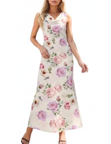 Image of Floral Off The Shoulder Satin Summer Maxi Dresses for Women 2026 Silk Cowl Neck Lace Backless Formal Wedding Guest Dress, Floral Purple, L