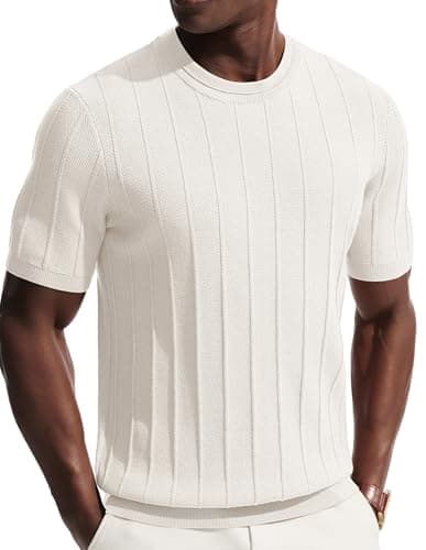 Image of PJ PAUL JONES Mens T Shirt Short Sleeve, Heavy Weight Knitted T Shirt, Basics Crew Neck Summer Tee Shirts, Classics Comfort T-Shirts Ivory White S