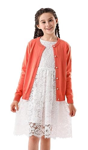 Image of SMILING PINKER Girls School Cardigan Long Sleeve Pearl Button Down Uniform Schoolwear Cardigans(Rust Orange,5-6 Years)