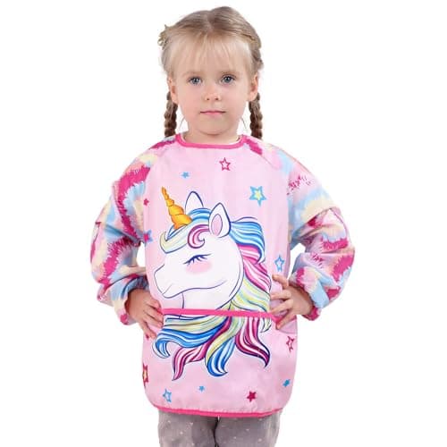 Image of WERNNSAI Unicorn Art Smock - Kids Aprons for Girls ages 6-8 Waterproof Toddler Art Smock Painting Toddler Apron for Girls with Long Sleeve and 3 Pockets
