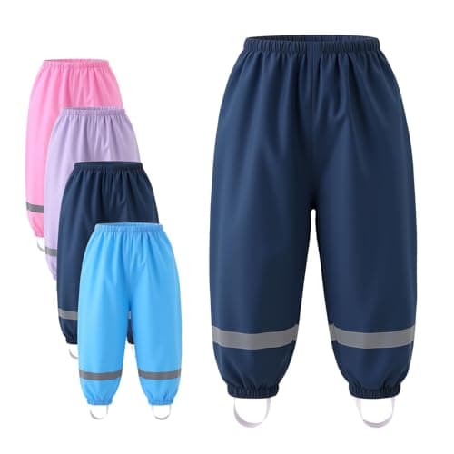 Image of Okdance Kids Waterproof Rain Trousers with Stirrup Straps, Windproof Puddle Pants for Boys and Girls, Reflective Strip, Elastic Waist, Outdoor Rainwear (UK, Age, 3 Years, 4 Years, Regular, NavyBlue)