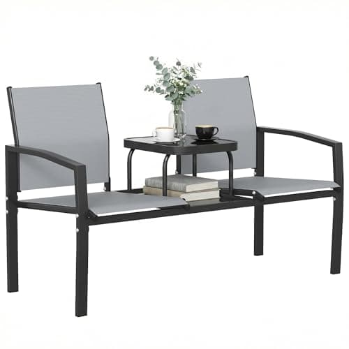 Image of Outsunny Garden Love Seat, 2 Seater Jack and Jill Loveseat Companion Seat with 2-Tier Glass Table, Breathable Texteline for Outdoor, Patio and Balcony, Grey