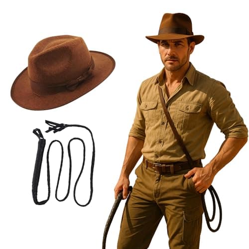 Image of FNA FASHIONS Jones Style Brown Explorer Hat and Bull Whip Adults Fancy Dress Accessories Set (Brown Explorer Hat & Bullwhip)