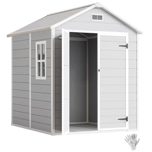 Image of Outsunny 6 x 5ft Garden Shed, Plastic with Floor, Window, Lockable Doors and Vents, Wood Effect Resin Tool for Outdoor Patio, Light Grey